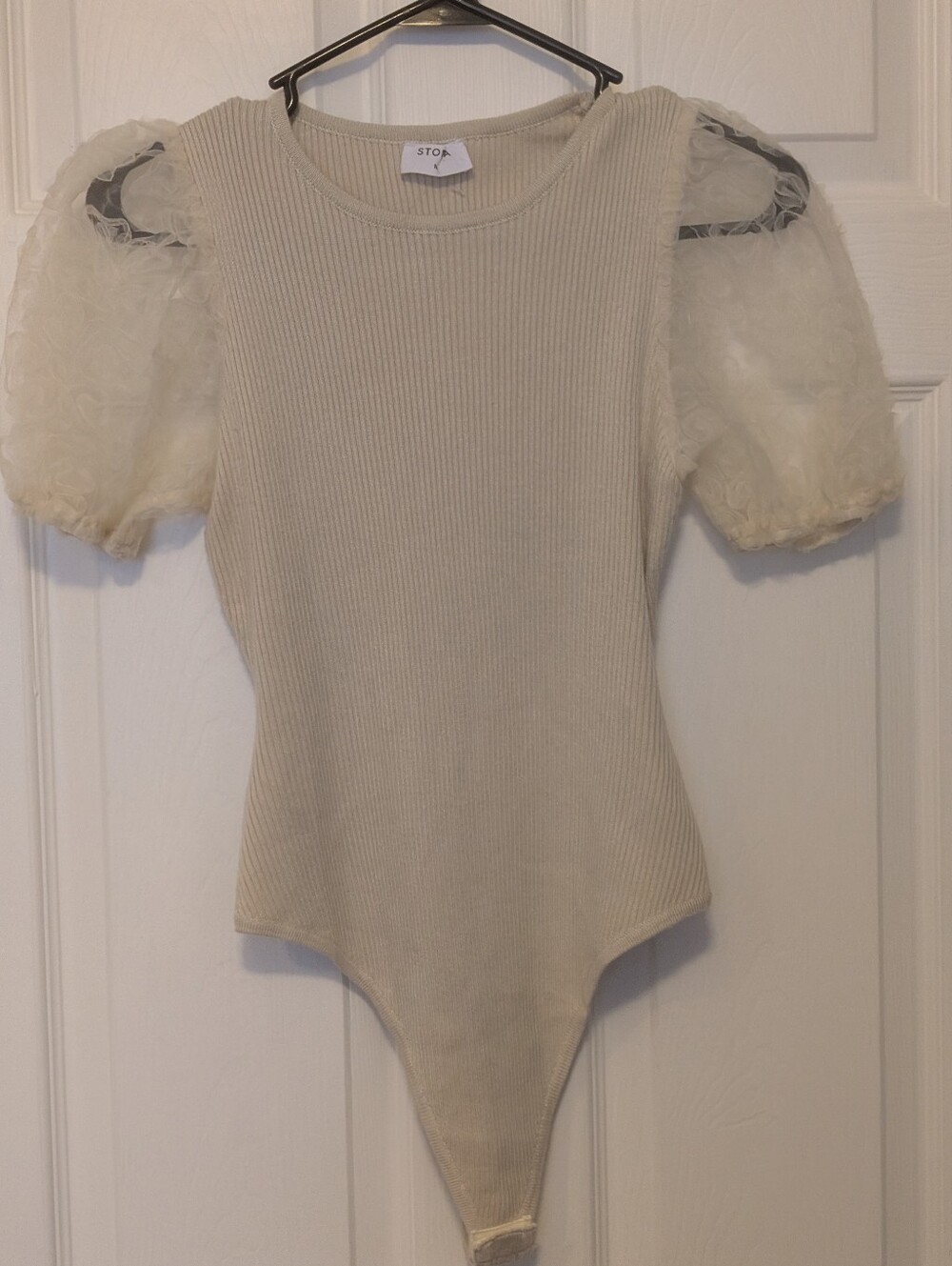 STORIA Cream Ribbed Bodysuit with Puff Sleeves